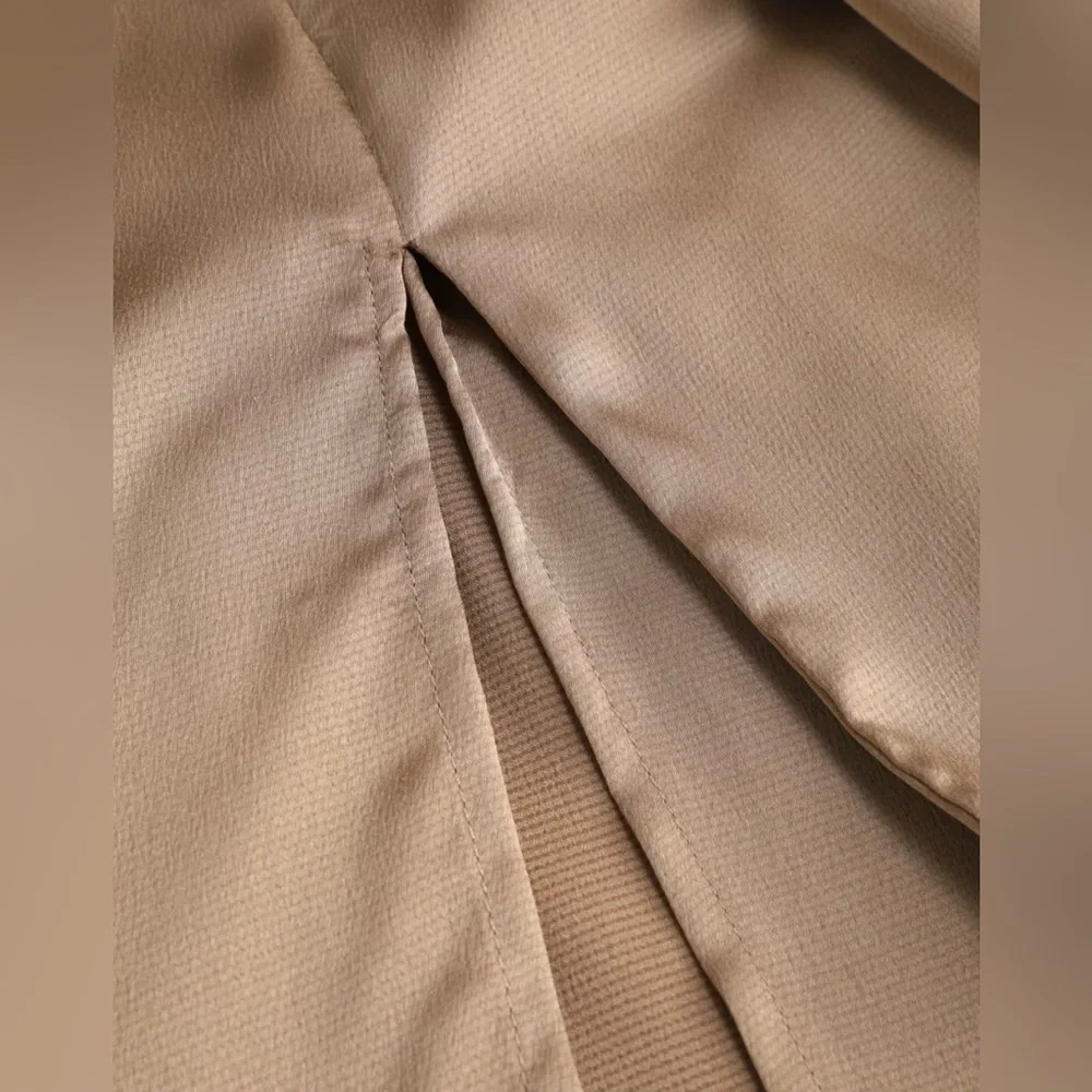 Satin Tie Front Slit Midi Skirt - Khaki - Picture 4 of 8